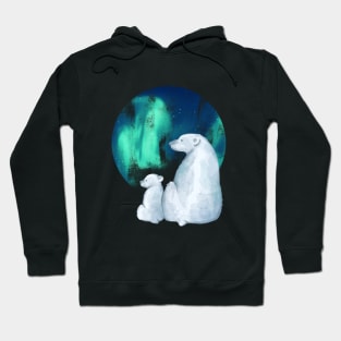 Northern Lights Aurora Borealis Cute Polar Bear Mama and  Cub Hoodie